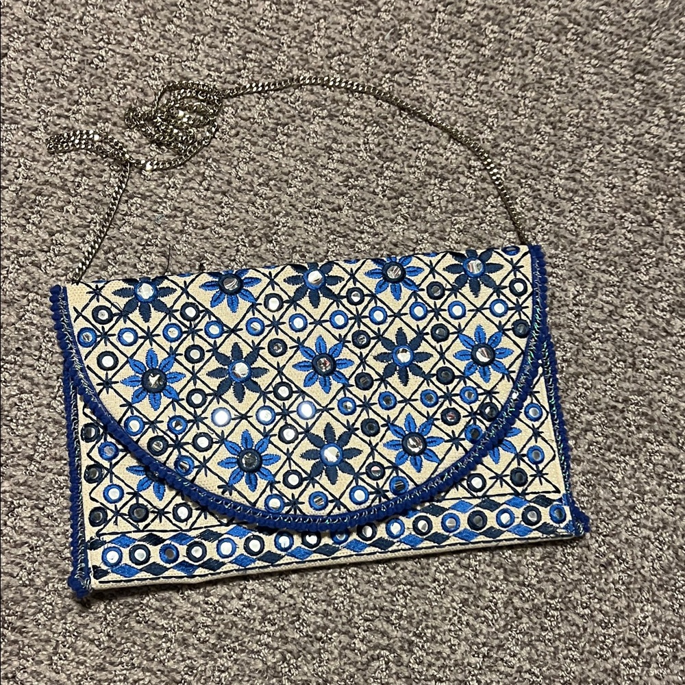 Blue and White Embroidered Clutch